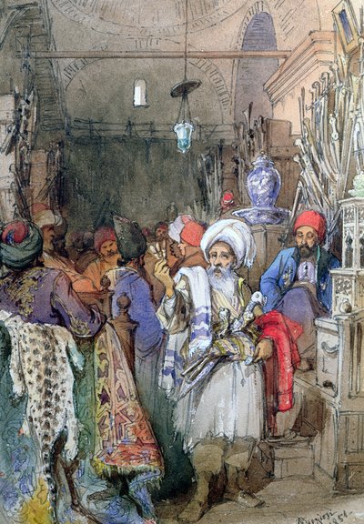 Verkopers in de Overdekte Bazaar, Istanbul, 1851 door Amadeo Preziosi